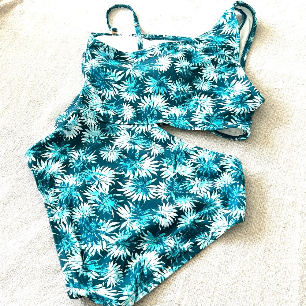 Michael Kors Swimsuit One Piece Cut Out Side One Shoulder Adjustable Teal Palms